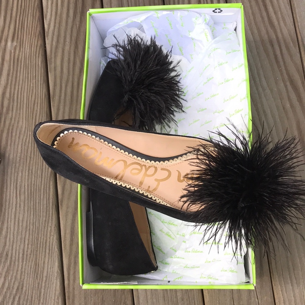 Sam Edelman Reina Black Suede Flats With Feathers